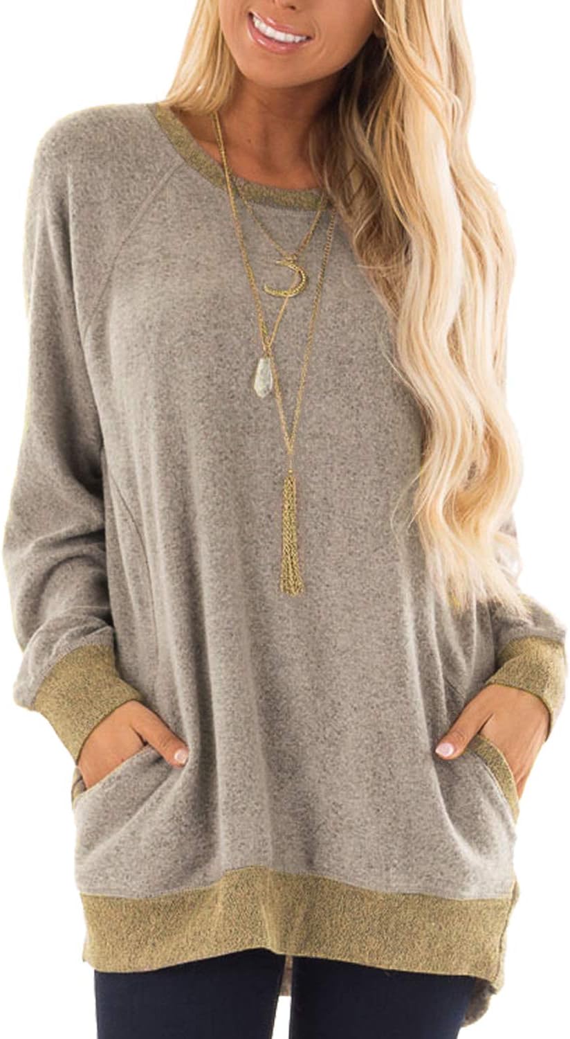 GADEWAKEWomens Casual Color Block Long Sleeve Round Neck Pocket T Shirts Blouses Sweatshirts Tops