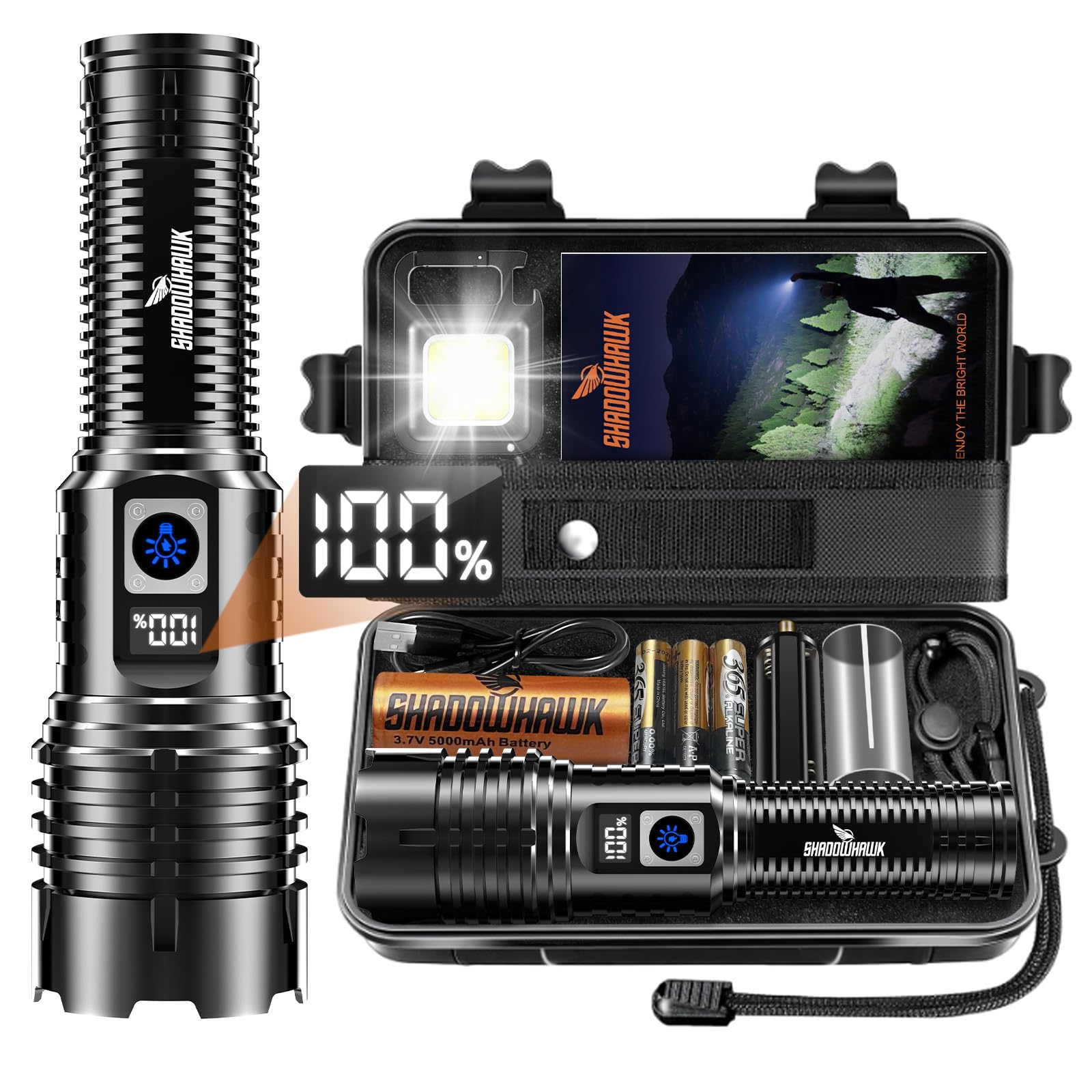 Shadowhawk Taschenlampe LED Aufladbar Extrem Hell, 500000 Lumen Taschenlampen Batteriebetrieben USB, XHM77.2 Taktische Taschenlampe Starke, Wasserdicht Flashlight Torch für Outdoor Notfälle Camping