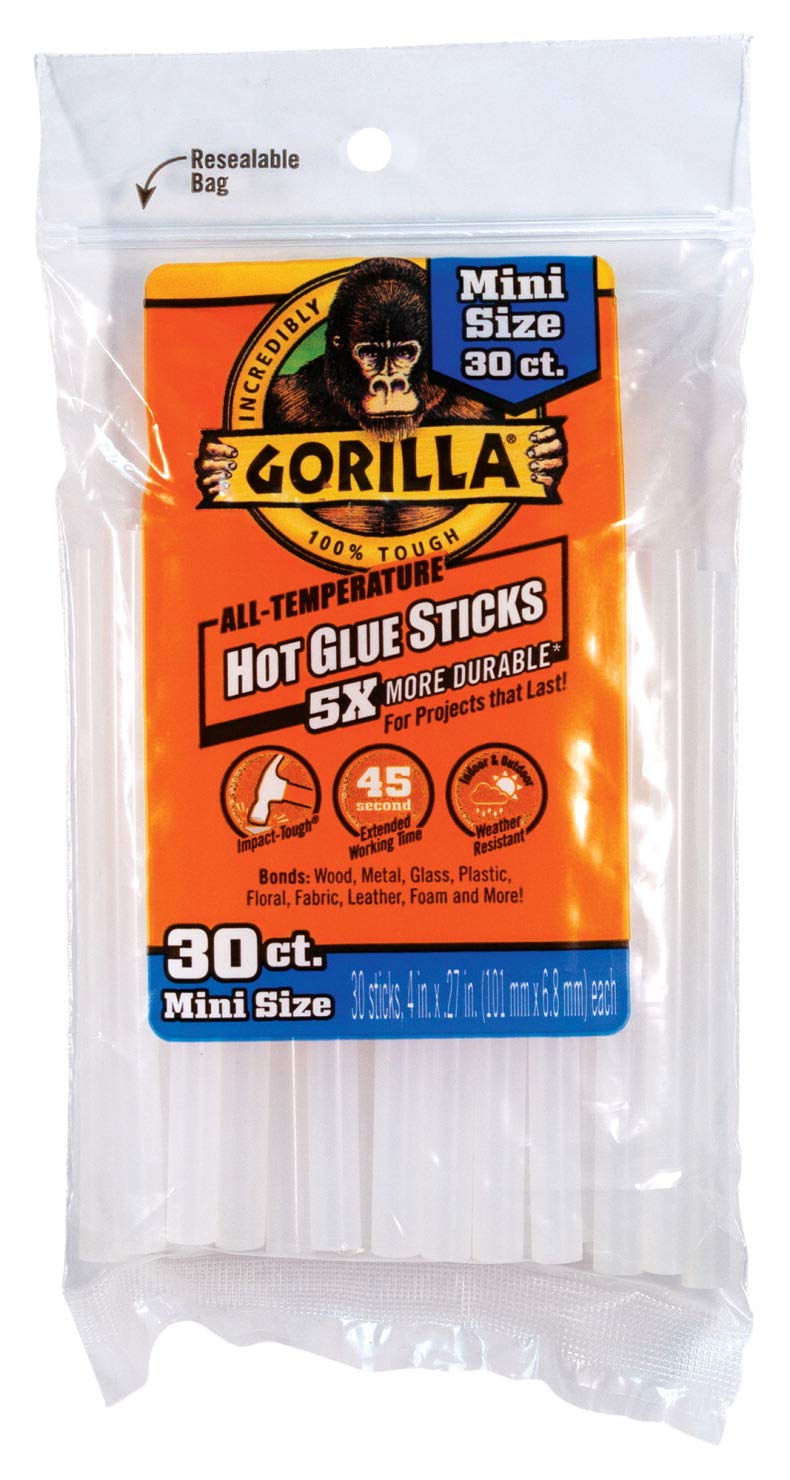 Gorilla Hot Glue Sticks, Mini Size, 4" Long x .27" Diameter, 30 Count