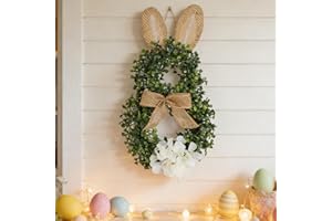 Easter Bunny Artificial Flower Wreath, Spring Floral Bunny Shaped Door Wreath with Bow, Easter Garland Decor for Front Door W