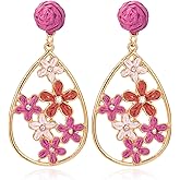 Coiris Raffia Flower Earrings for Women Boho Floral Teardrop Hollow Dangle Earrings Cute Trendy Summer Tropical Drop Earrings Beach Jewelry for Women