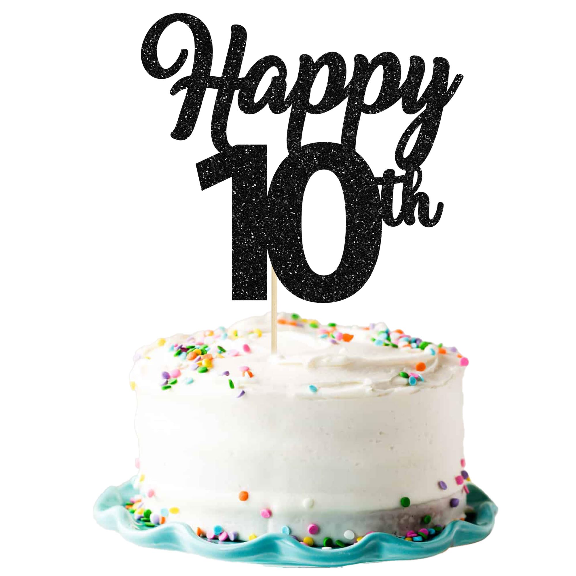 3Pcs Happy 10th Cake Toppers Number 10 Topper 10th Birthday Cake Pick Decorations for Cheers to 10 Years Old 10th Birthday Wedding Anniversary Party Supplies Black Glitter