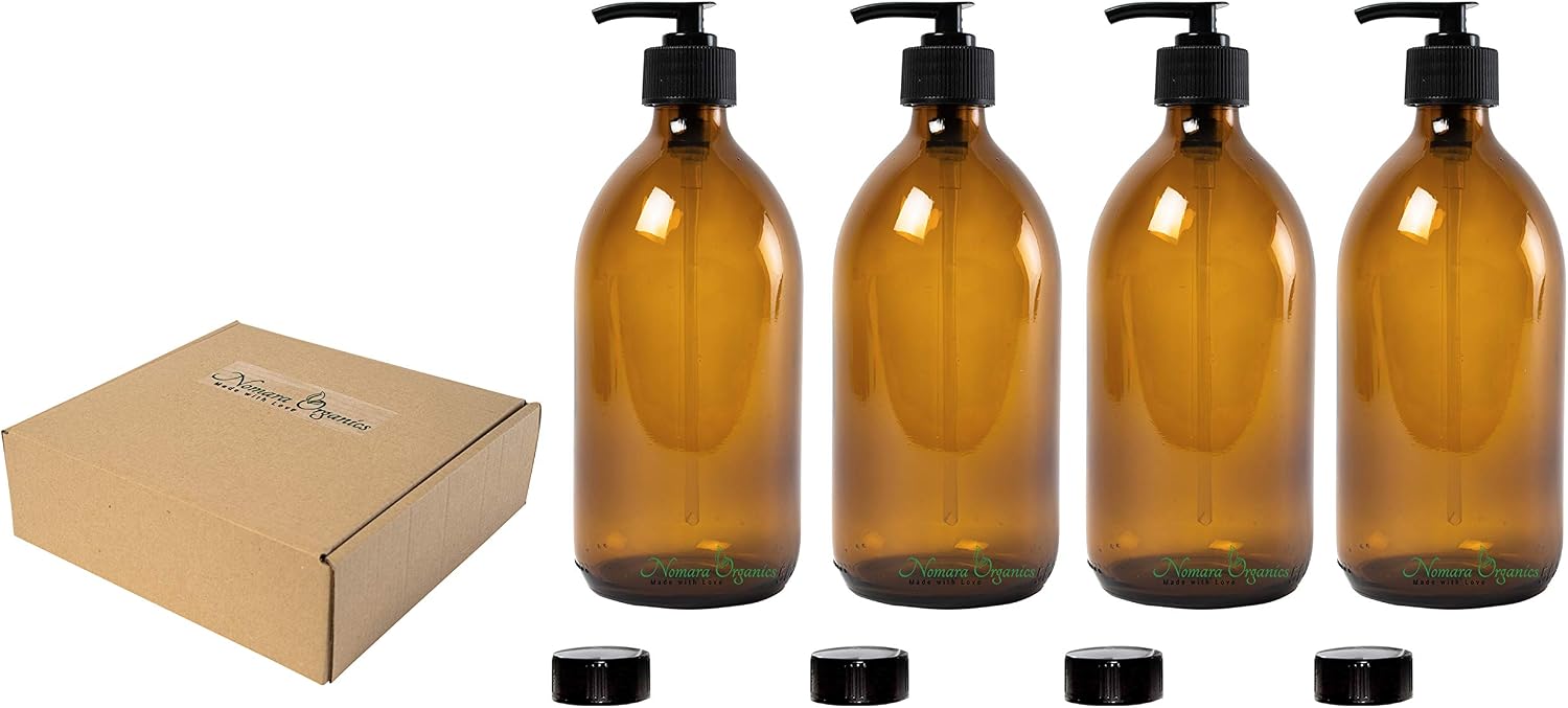 Nomara Organics Amber Soap Dispenser Bottles with Lockable Pumps, 4 Pack, BPA Free Glass - Image 4