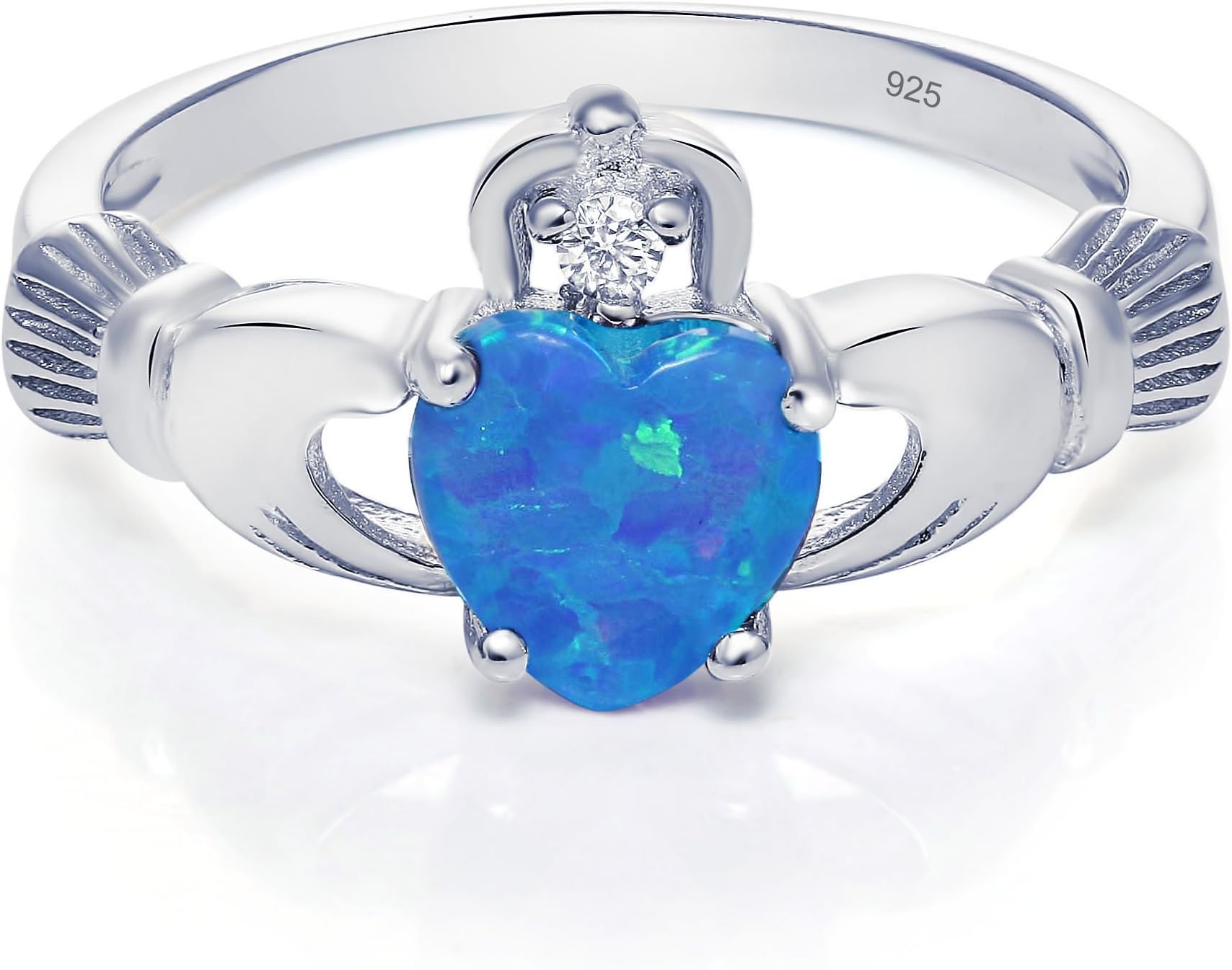 RD Jewels Sterling Silver Claddagh Promise Ring for Her with lab-Created Blue Opal and Cubic Zirconia, 8mm
