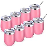 Volhoply 12oz Stainless Steel Wine Tumbler with Lid Bulk 8 Pack,Double Wall Vacuum Stemless Wine Glasses,Reusable Metal Travel Coffe Mug with Straw,Insulated Cup Gifts for Women,Christmas(Pink,8 Set)