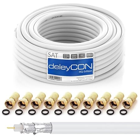 deleyCON HQ 10m SAT Koaxial Kabel 130dB - 4-Fach geschirmt für DVB-S - S2 DVB-T und DVB-C - Stahl/Kupfer Innenleiter - 4K 108