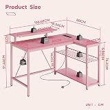 Bestier 106.5CM L shaped Desk with Power Outlets LED Lights Pink view 3