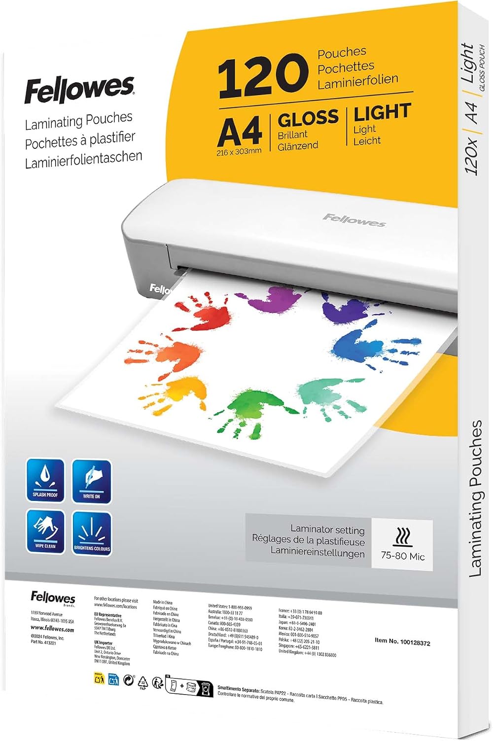 Fellowes 120pk A4 Laminating Pouches Glossy Finish 80 Micron 120 Sheets