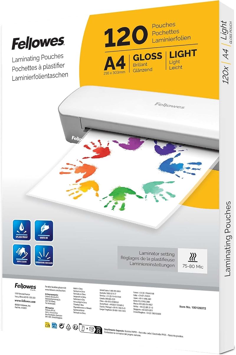 Fellowes 120pk A4 Laminating Pouches Glossy Finish 80 Micron 120 Sheets