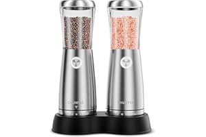 CHUNYEE Electric Salt and Pepper Grinder Set - Automatic Stainless Steel Rechargeable Salt and Pepper Grinder Set with Storage Base, Large Capacity, LED Light & Adjustable Coarseness, Ideal Kitchen Gadget
