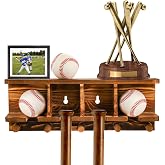 Tebery Wood Baseball Bat Holder and Ball Display Shelf Wall Mounted, Sports Memorabilia and Collectibles Floating Shelf Hanging Organizer Bat Rack
