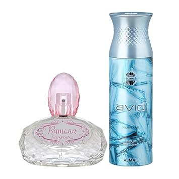 Maryaj Ramona Eau De Parfum Citrus Floral Perfume 100ml for Women and Ajmal Avid Homme Deodorant Aquatic Woody Fragrance 200ml for Men + 2 Parfum Testers FREE
