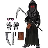 Oskiner Grim Reaper Costume for Kids, Scary Halloween Costume for Boys with Glowing Red Eyes/Scythe/Notebook/Gloves