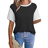 EVALESS Women's Short Sleeve T Shirts Ribbed Knit Crewneck Multicolour Block Tee Blouses Spring Tops 2026 Trendy