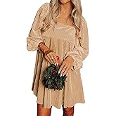 miduo Womens Loose Fit Square Neck Long Sleeve Velvet Mini Babydoll Dresses Shift Dress