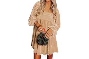 miduo Womens Loose Fit Square Neck Long Sleeve Velvet Mini Babydoll Dresses Shift Dress