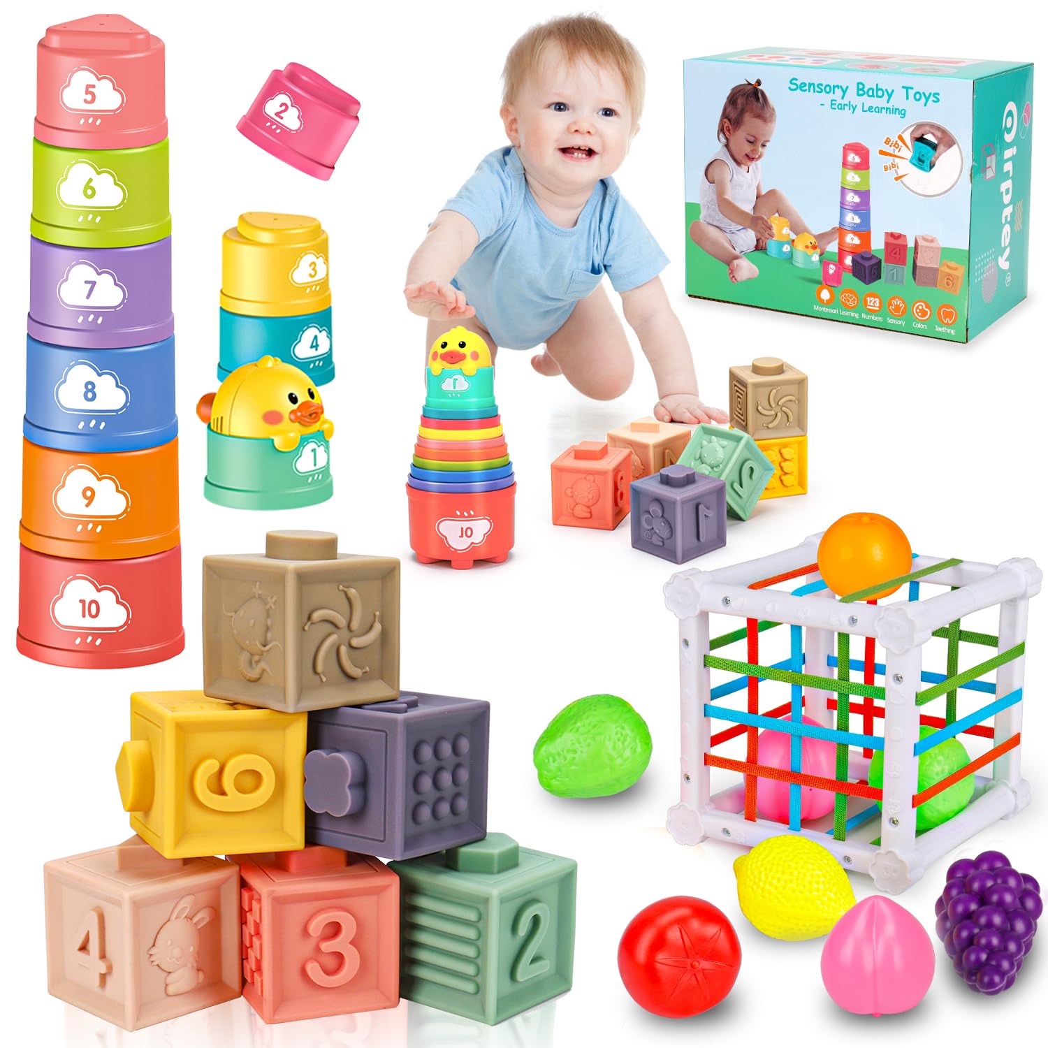 Montessori Baby Toys 6-12-18 Month Infant Stacking Cups Shape Sorter Blocks Sensory Toy for 6 7 8 9 10 11 12 M+ Learning Developmental Age 6-9 9-12 Birthday Easter Basket Gift for 1 Year Old Boy Girl