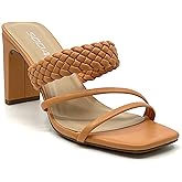 Soda Women's Braided Heeled Mules Square Toe Block Heel Sandals-Carmen
