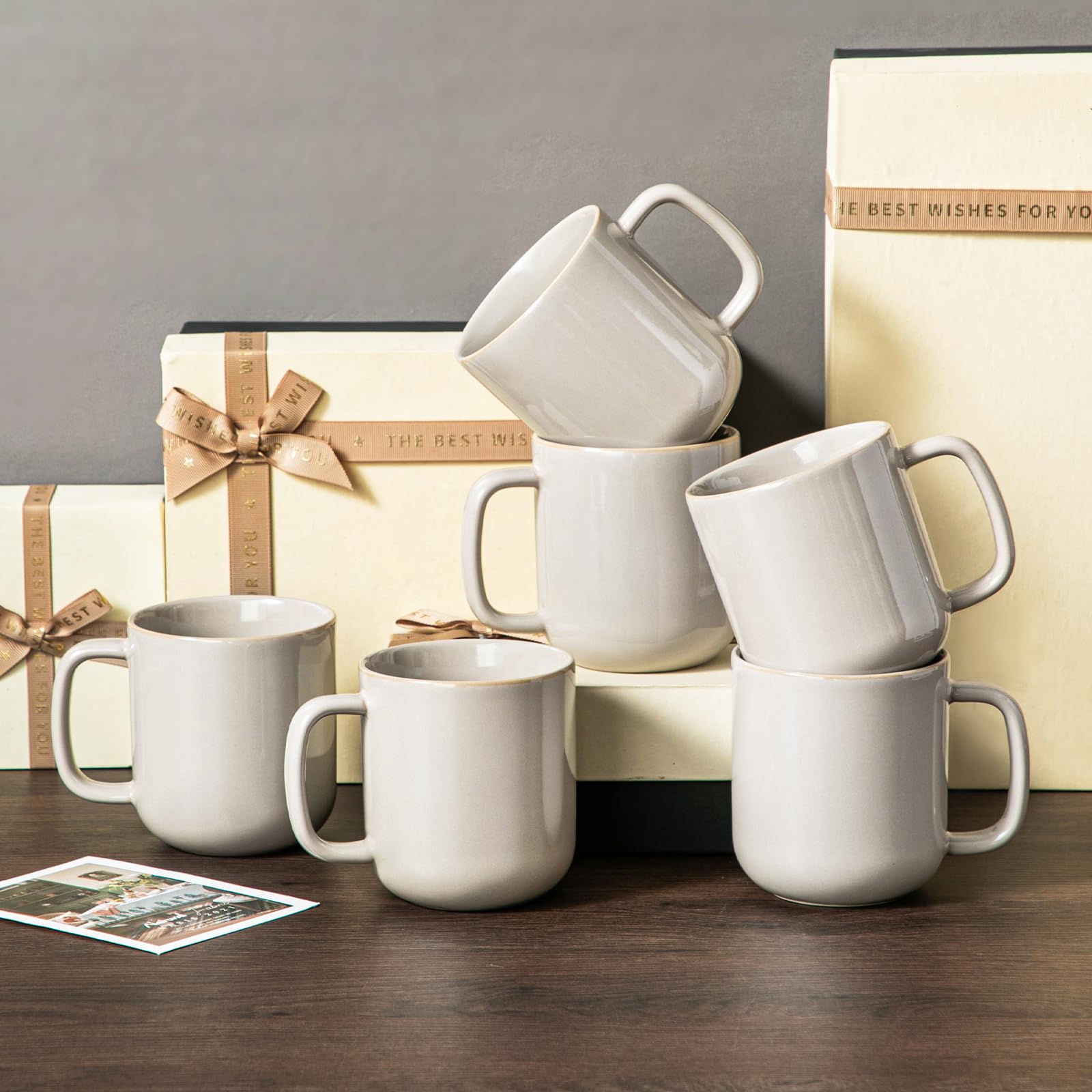 Kaffeetassen Set 6er, vancasso PLAYA Tassen Set 6 Stück mit Henkel 480ml, Teetassen aus Steingut, Mikrowellen und Spülmaschinenfest, Soft Beige 8