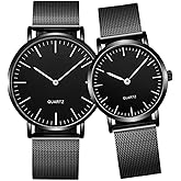SENRUD Ultra Thin Simple Couples Watches His and Hers Stainless Steel Mesh Strap Pair Watch Gifts Set Men and Women Quartz Watches