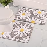 QJHOMO Bathroom Rugs Set 2 Piece, Cute Daisy Bath Mat Gray Toilet Rug U Shaped, Flower Deocr Bathroom Set Non Slip Contour Bathmat, Super Absorbent Microfber Floor Mats Machine Washable Carpets