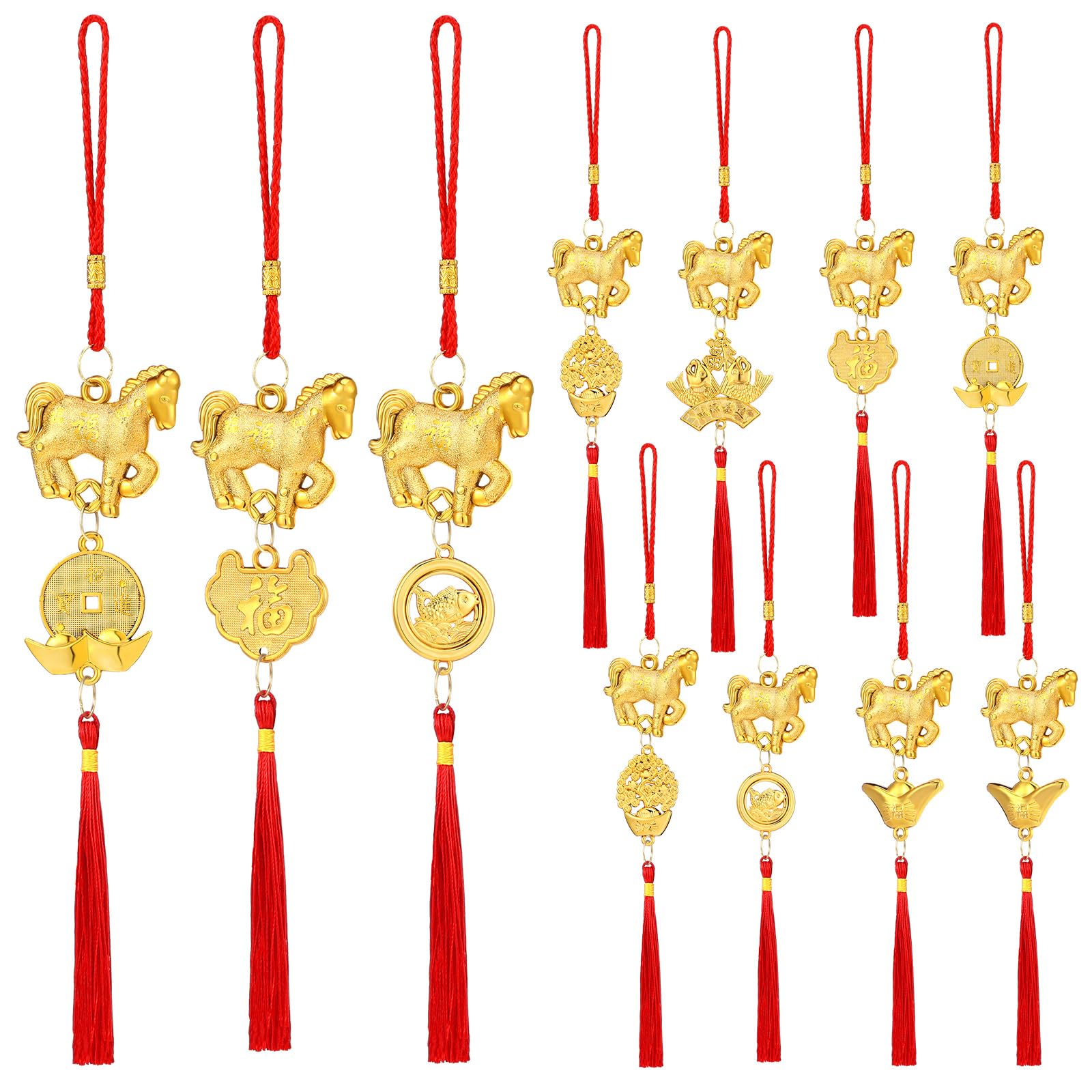 Photo 1 of Geosar 12 Pcs Chinese New Year Decorations 2026 Horse Feng Shui Lucky Charms with Red Tassels & Chinese Coins Knots, Lunar New Year Ornaments for Wealth & Good Luck (Horse Gold Ingot)