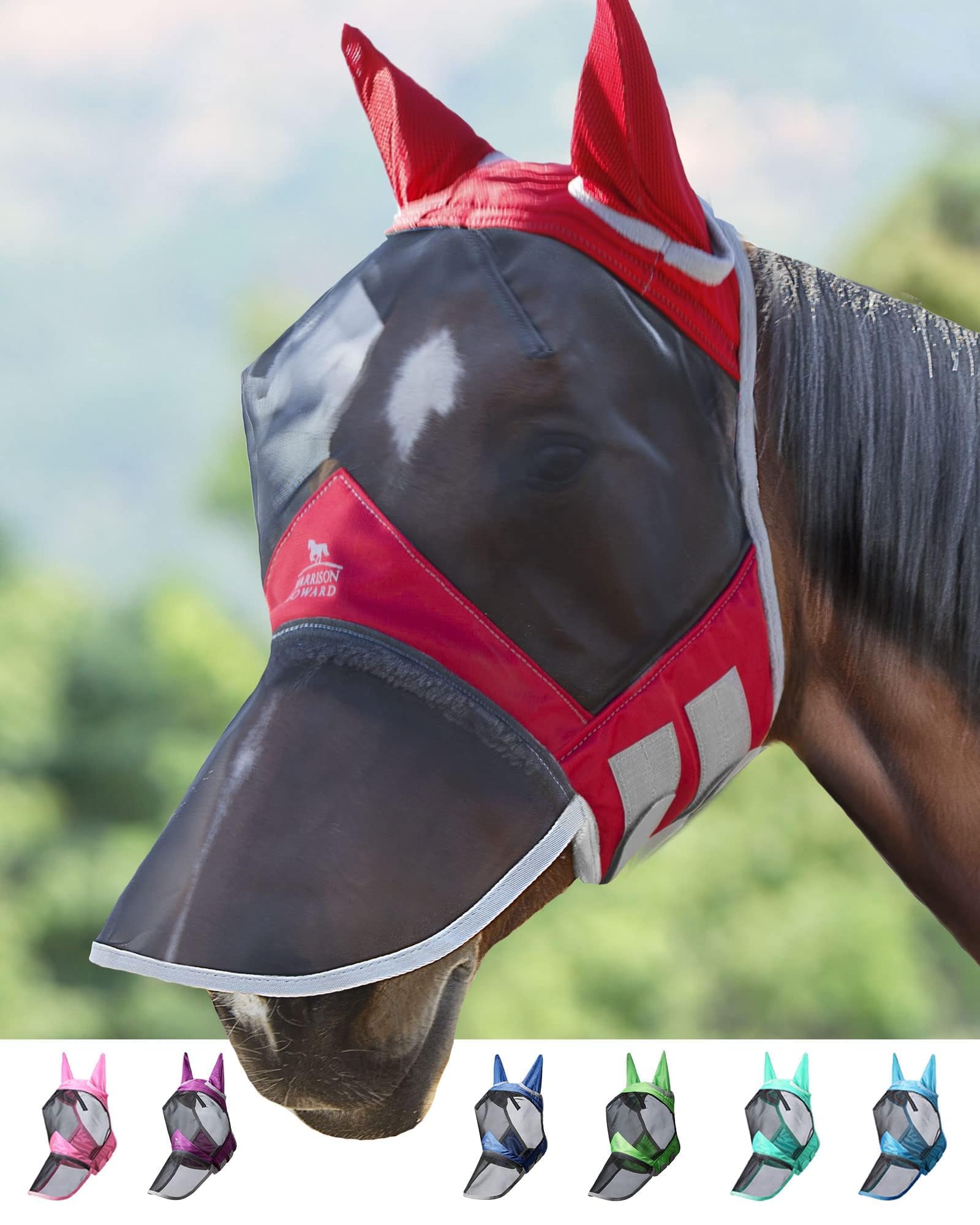 Harrison Howard CareMaster Pro Luminous Horse Fly Mask Large Eye Space Long Nose with Ears UV Protection for Horse Red Full Size