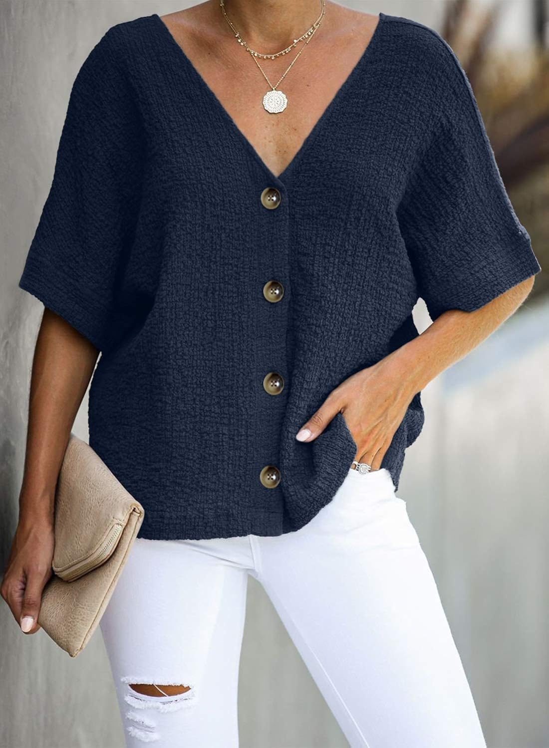 ROSKIKI Women's Button Down V Neck Tops Loose Casual Short Sleeve Shirts Blouses: Clothing