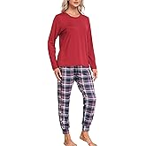 MoFiz Women's Long Sleeve Pajamas Sets with Plaid Pants Comfy Sleepwear Nightwear 2 Piece Pjs with Pockets