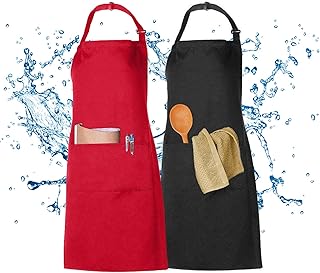 XCOZU 2 Stück Schürze, Wasserdicht Schürzen Kochschürze Männer Damen Schwarz Rot Küchenschürze mit 2 Taschen, Schürze Frau Mann Latzschürzen Gastronomie Grillschürze Verstellbarem Nackenband