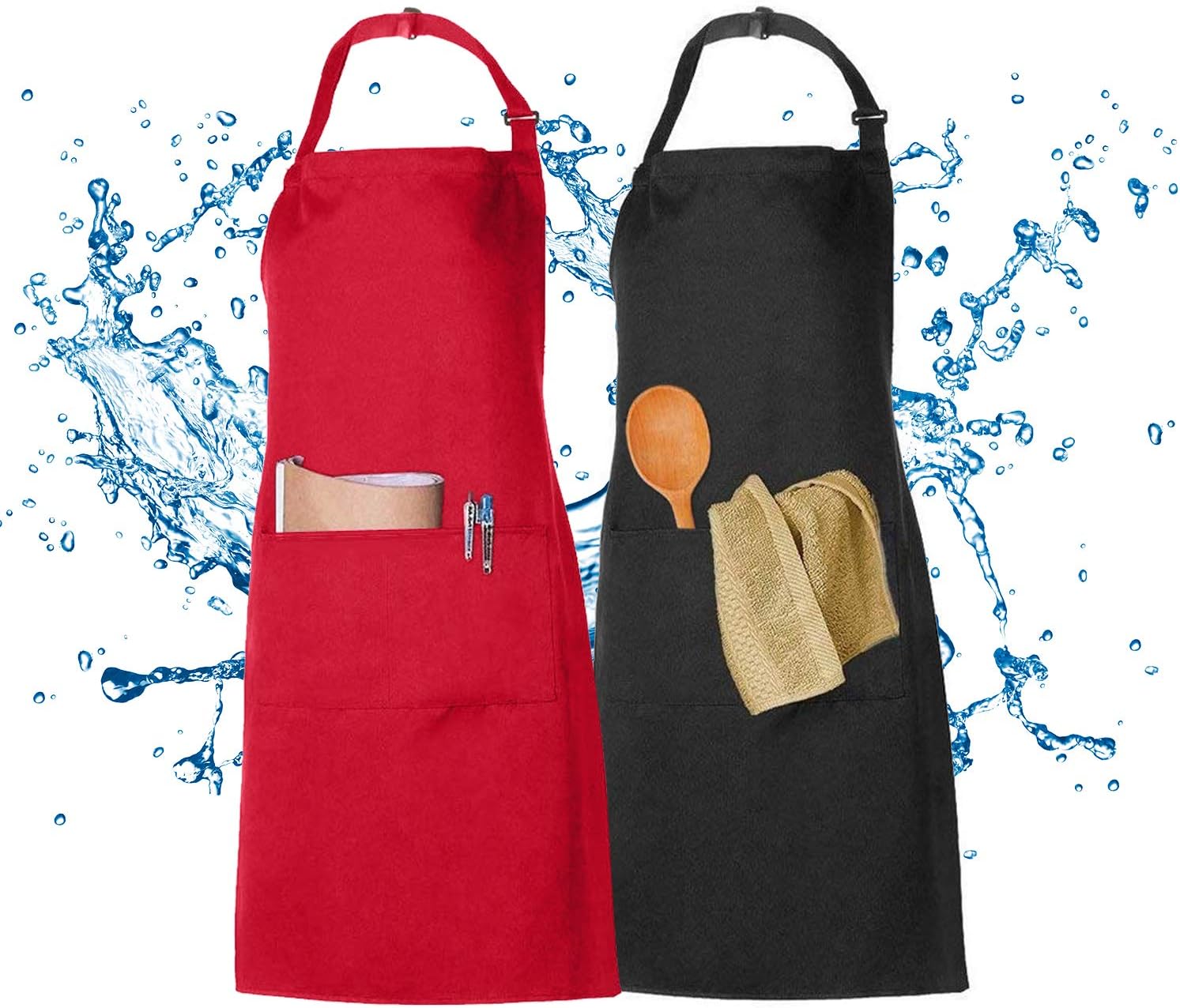 XCOZU 2 Stück Schürze, Wasserdicht Schürzen Kochschürze Männer Damen Schwarz Rot Küchenschürze mit 2 Taschen, Schürze Frau Mann Latzschürzen Gastronomie Grillschürze Verstellbarem Nackenband