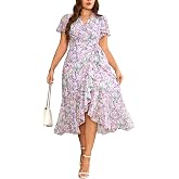 EYWOL Plus Size Wedding Guest Dress for Women, Floral Chiffon Midi Wrap Dress, Flutter Sleeve High Waist Flowy Summer Dresses
