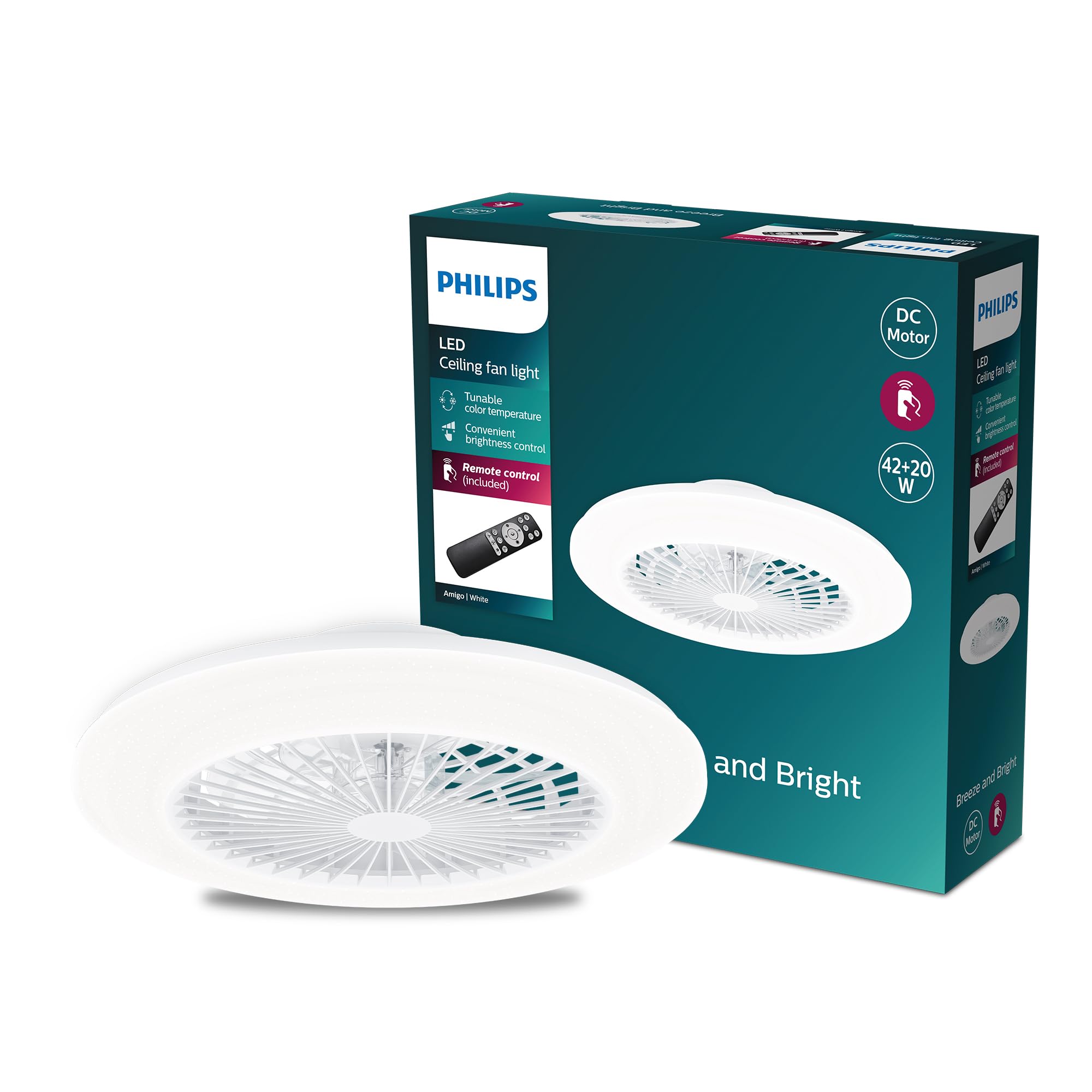Philips Amigo Deckenventilator 20 W + 40 W, weißes Licht, 49 cm Durchmesser, mit Fernbedienung, weiß