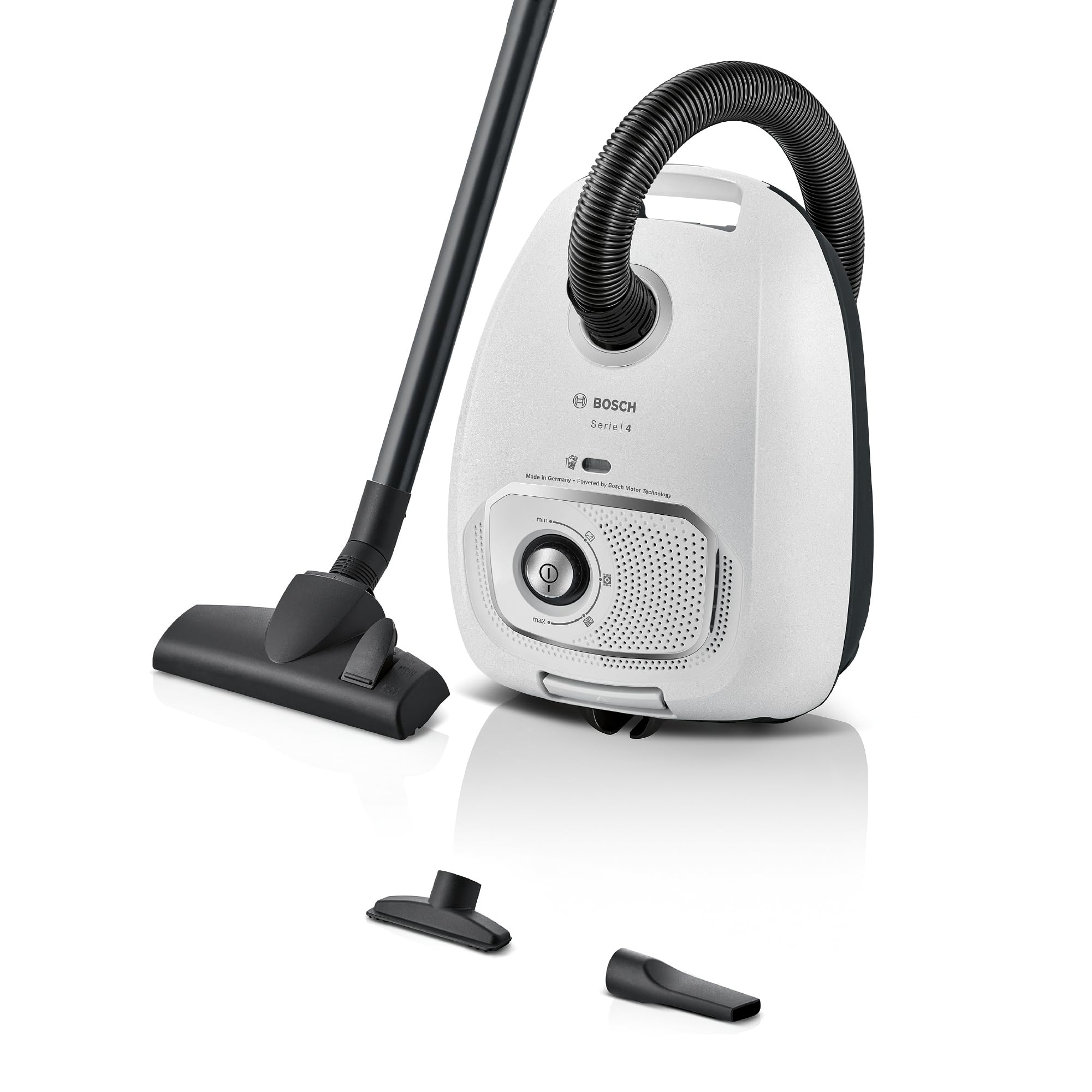 Bosch Staubsauger mit Beutel Serie 4 BGB41WH1, nachhaltig, aus Recyclingmaterial, Hygiene-Filter, 10 J. Motorgarantie, leistungsstark, integriertes Zubehör, langes Kabel, Made in Germany, 600 W, weiß
