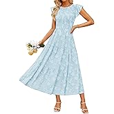 ZESICA Women's Summer Boho Floral Midi Dress 2026 Casual Flutter Short Sleeve Crewneck Smocked Flowy Beach Long Dresses
