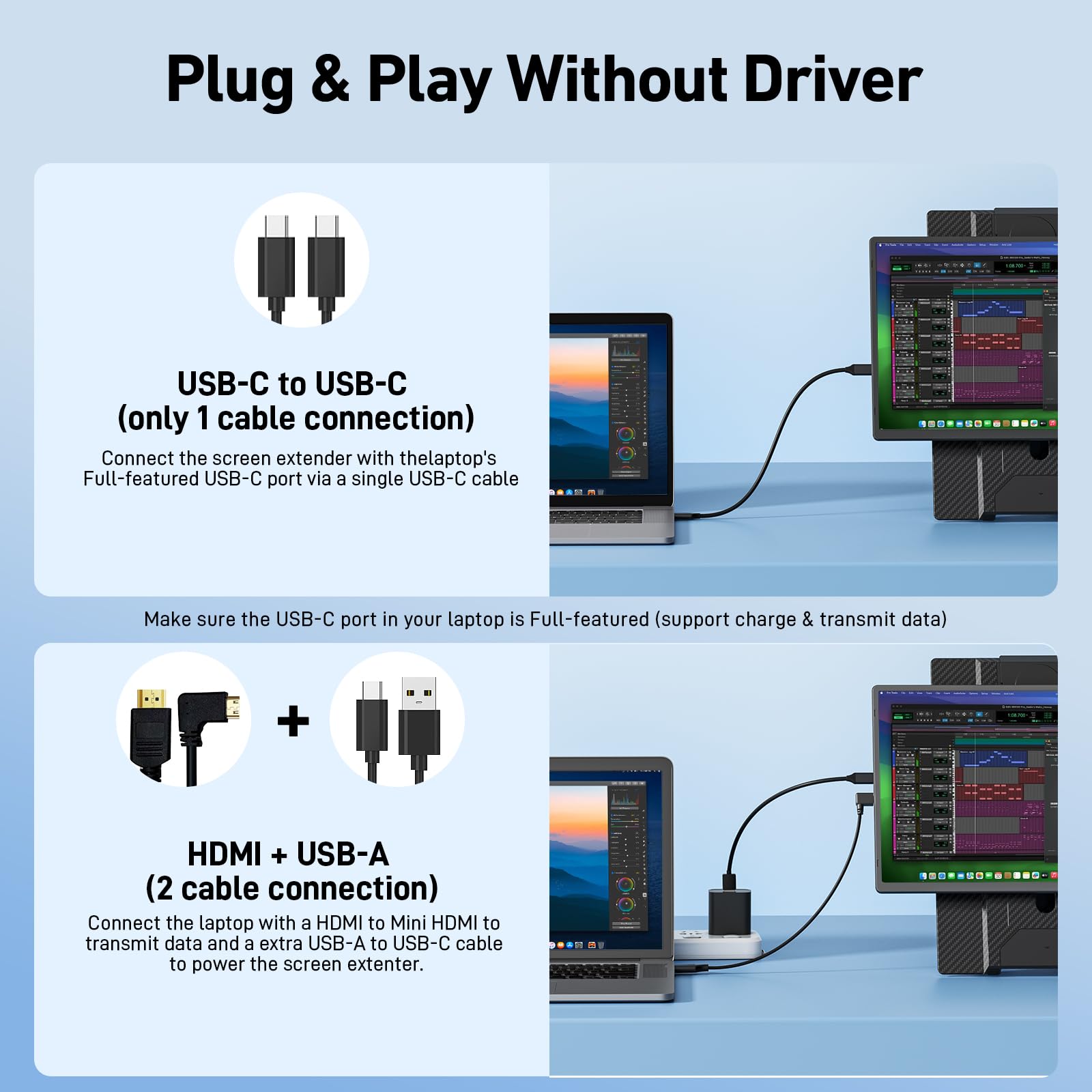 Laptop Screen Extender Monitor Portable - 16.1'' FHD 1200P Portable Screen for Laptops, 360° Rotating, Plug & Play, Detachable Stand, Height Adjustable Laptop Monitor Extender for Mac/Win/Phone/Tablet
