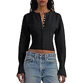 Saodimallsu Womens Cropped Sweaters Button Down Long Sleeve V Neck Ribbed Knit Slim Fit Pullover Crop Tops