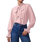 Neweek Chiffon Blouses for Women Bow Tie Neck Long Sleeve Dressy Casual Smocked Cuffed Shirts Office Work Blouse Elegant Tops