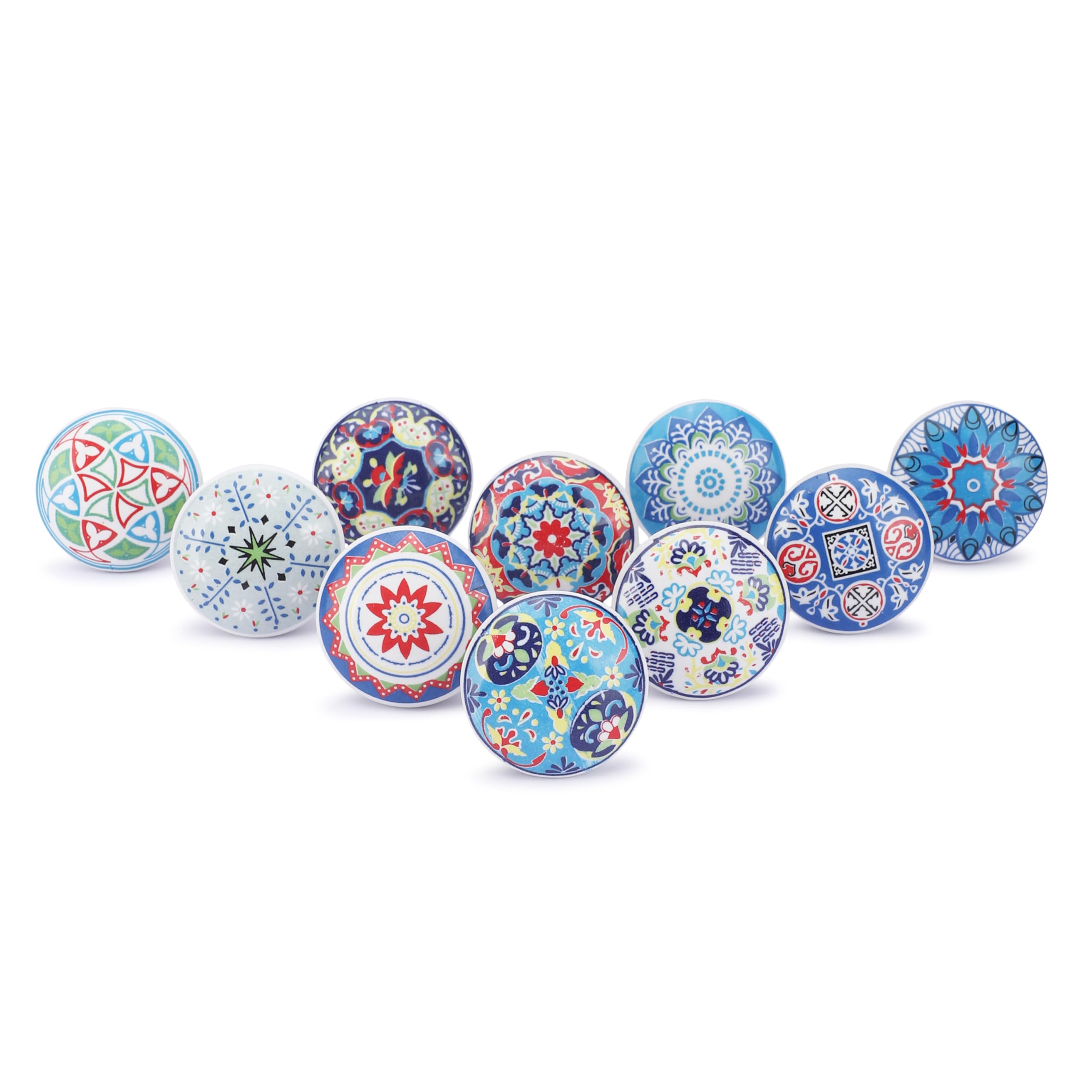 Ajuny Set of 10 Ceramic Knobs – Multicolor Printed Decorative Pulls for Cupboard Drawer Kitchen Cabinets Bathroom Dresser – Glossy Finish Furniture Handles Best Gift