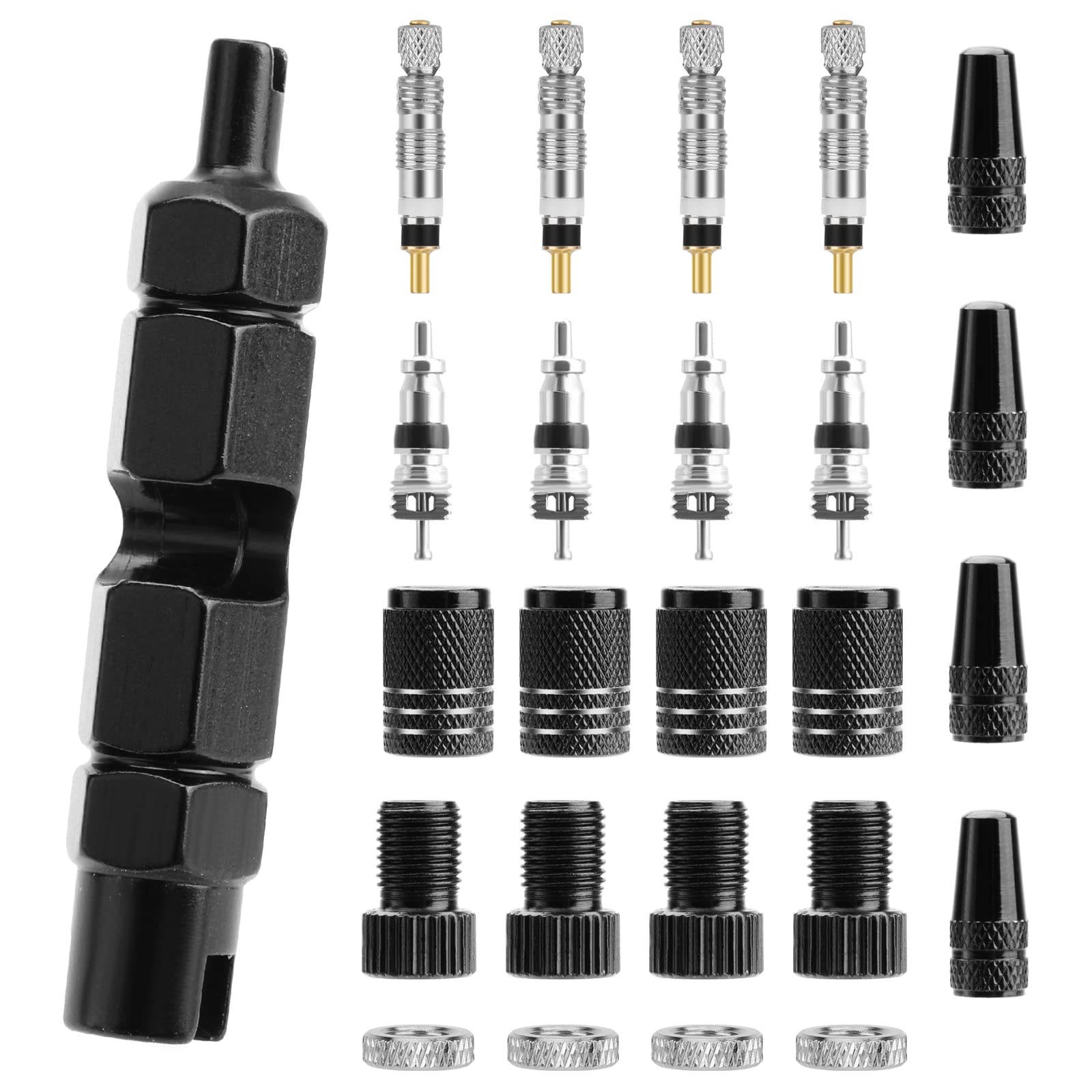 Oumers Bike 25-piece Valve Core Tool Set,Included Presta Valve Core and Cap, Schrader Valve Core and Cap, Presta to Schrader Valve Adapter, Rim Nut, Core Removal Tool