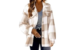 HINVHAI Womens Fleece Sherpa Jacket Casual Winter Jacket Oversized Button Down Jacket Trendy Flannel Plaid Jacket with Pocket