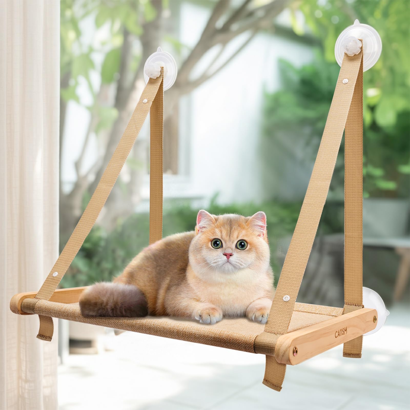 Photo 1 of CATISM Cat Window Perch - Foldable Cat Hammock for Window, Soft Seat Machine Washable, Solid Wood Frame, 4 Suction Cups, Cats Window Hammock Load Weight Up to 40lbs