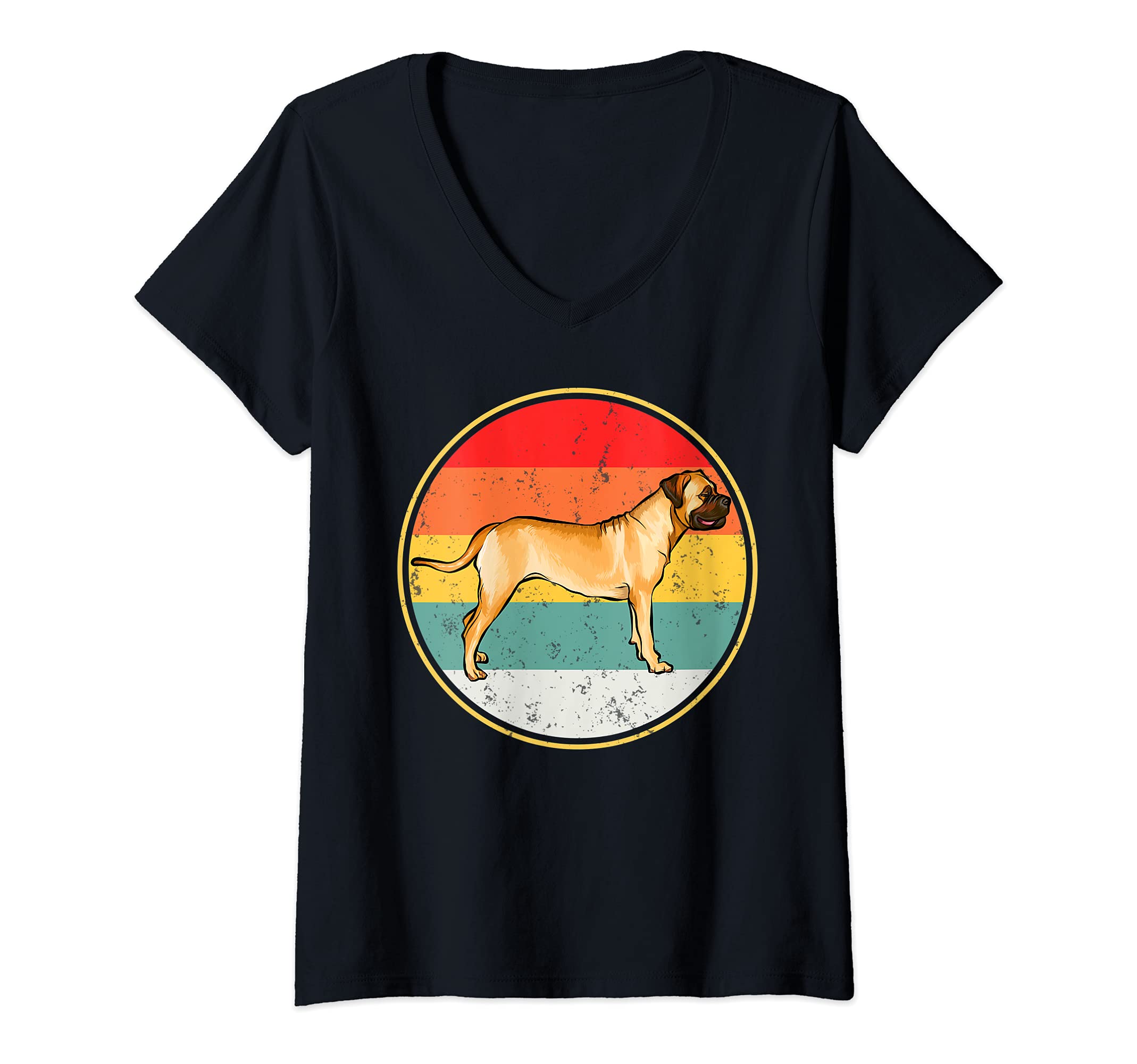 Womens Vintage Retro Sunset Bullmastiff Dog V-Neck T-Shirt