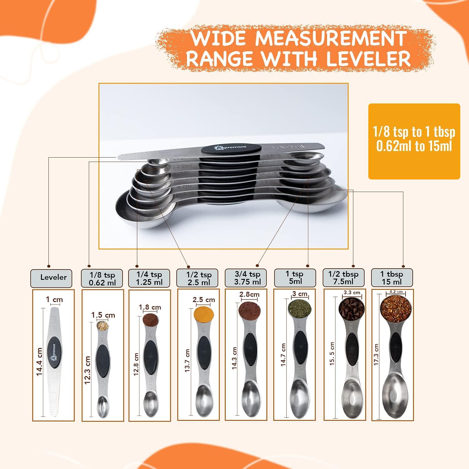 Heavy Duty Magnetic Engraved Stainless Steel Metal Measuring Spoons for Dry or Liquid, Fits in Spice Jar, Set of 8 with bonus Leveler - APREMONT: Kitchen & Dining