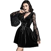 GothDark Womens Sexy Black Gothic Dress Velvet Lace Trim V Neck High Waist Vintage Romantic Halloween Short Dresses