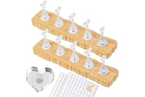 ESUOHYM Wooden Stand for Nails Art Display Practice 2 Set, 1 Heart Shaped Acrylic Magnetic Nail Stand, Fake Nail Holder with 200 Pieces Double-sided Tape, For Home DIY Salon Supplies (Wood, Medium)