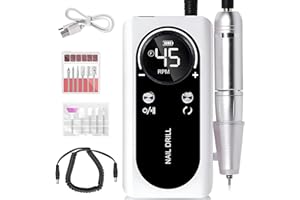 FLRONGSUN Electric 45000RPM Nail Drill Machine Rechargeable Portable Nail File Electric DIY Nail Drill Kit with Smart LCD Screen for Gel Nail Manicure and Pedicure Reflective Body etc(White)