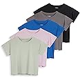 Real Essentials 5 Pack: Women's Dry Fit Crop Top - Short Sleeve Crew Neck Stretch Athletic Tee (Available in Plus Size)