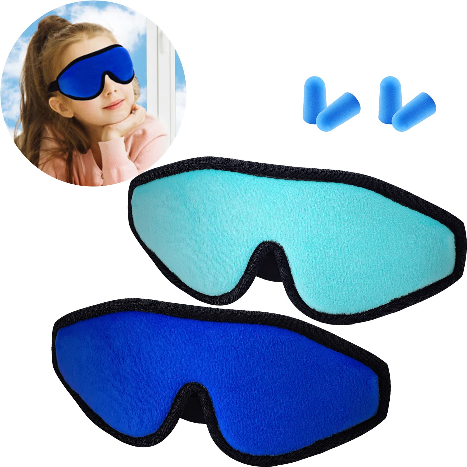 Photo 1 of 2 Pieces 3D Sleep Mask for Kids Memory Foam Contoured Eye Mask, Travel Sleep Eye Cover with Adjustable Strap, 3D Blindfolds(Blue and Green)