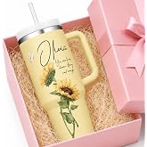 Personalized 40 oz Floral Tumbler with Handle and Straw, Custom Name Double Wall Insulated Stainless Steel Travel Cup, Flower Coffee Mug, Gifts for Women Mom Sister Grandma,Birthday